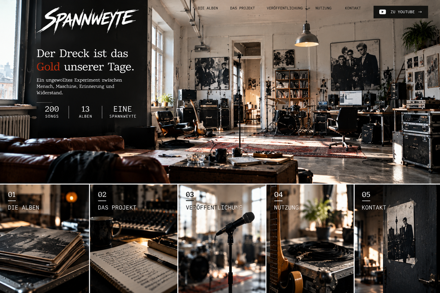Spannweyte: freigegebener Entwurf einer modern ausgestatteten Bandhaus-Webseite mit fünf Bereichen: Alben, Projekt, Veröffentlichung, Nutzung und Kontakt.